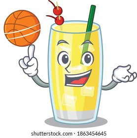Sporty cartoon mascot design of pina colada cocktail with basketball