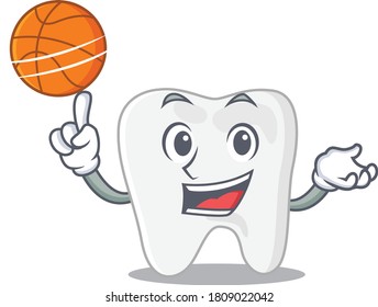 Sporty cartoon mascot design of tooth with basketball