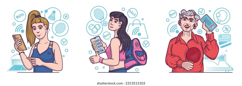 Caricatura deportiva mujeres eligiendo bienes en línea. Damas buscando equipos deportivos para el tenis. Pedir y elegir productos a través de un smartphone. Ilustración vectorial plana en colores azul y rojo