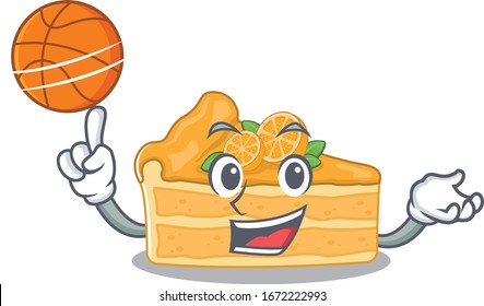 A sporty cheesecake orange cartoon mascot design playing basketball