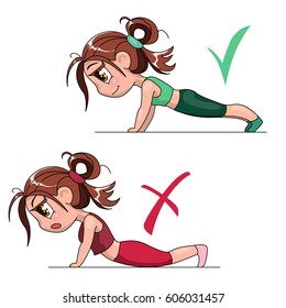 Sporty chibi girl is doing pushups. Correct and incorrect technique, do and don't. Vector illustration isolated on white background. Character design in manga comics and anime cartoon style.