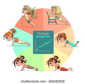 Sporty chibi girls. Illustrated diagram showing different types of push ups. Motivation for progress. Vector isolated on white background. Character design in anime cartoons and manga comics style.