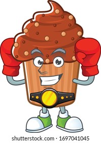 A sporty chocolate cupcake boxing athlete cartoon mascot design style