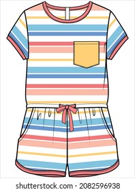 SPORTY COLOURFUL STRIPE JUMPSUIT WITH BRIGHT POCKET DETAIL FOR KID GIRLS AND TEEN GIRLS IN EDITABLE VECTOR FILE