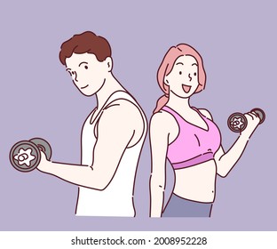 Sporty couple workout with dumbbells. Hand drawn in thin line style, vector illustrations.