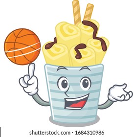 A sporty cream banana rolls cartoon mascot design playing basketball