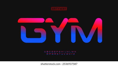 Sporty cutout alphabet, energetic athletic letters, rounded edges vibrant neon gradient font for for fitness branding, sportswear, gym logos, modern workout gear. Vector typeset