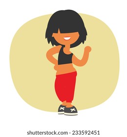 Sporty dancing beautiful teenager girl character with black color short hairstyle, in red sports pants. Without outline cartoon flat style, vector illustration. 