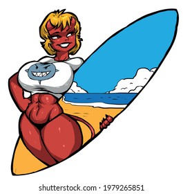 sporty devil girl with a surfboard in a black bikini blonde