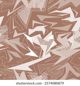 Sporty dynamic seamless pattern with angular shapes and lines. Background in warm shades of white, chocolate and brown.