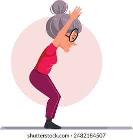 
Sporty Elderly Woman in Good Physical Shape Vector Illustration. Active grandma sitting in chair pose good as back exercise 
