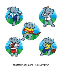 Sporty elephant mascot. Elephant cartoon mascot doing various sports, football, nfl,basketball,hockey, baseball.