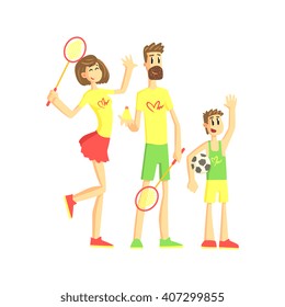 Sporty Family With Tennis Rackets And Ball Flat Vector Simplified Childish Cartoon Style Illustration Isolated On White Background