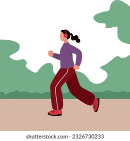 Sporty female in headphones running outside. Concept of boosting confidence with workouts. Regular physical activity. Time to loss weight. Vector flat illustration in green and red colors