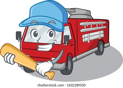 Sporty fire truck cartoon character design with baseball