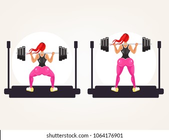 Sporty fitness bodybuilder athlete instructor teacher woman doing exercise squat with heavy barbell. Sport squatting activity bodybuilding instruction training sample example concept. Vector flat