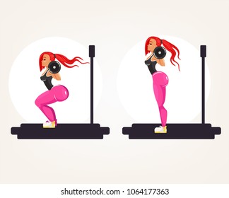 Sporty fitness bodybuilder athlete instructor teacher woman doing exercise squat with heavy barbell. Sport squatting activity bodybuilding instruction training sample example concept. Vector flat