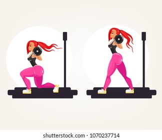 Sporty fitness bodybuilder athlete instructor teacher woman doing exercise squat forward lunges with heavy barbell. Sport buttocks activity bodybuilding instruction training sample example concept