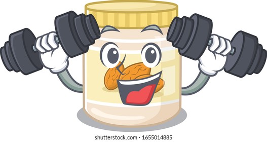 Sporty Fitness exercise almond butter mascot design using barbells