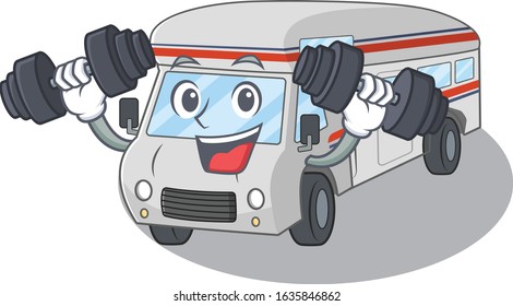 Sporty Fitness exercise campervan mascot design using barbells