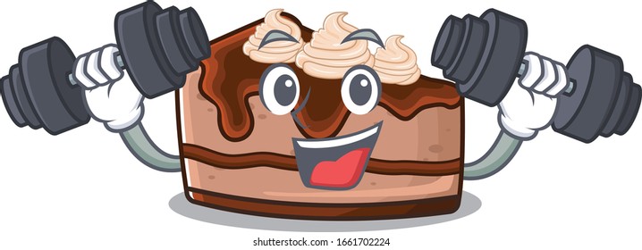 Sporty Fitness exercise chocolate cheesecake mascot design using barbells