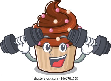 Sporty Fitness exercise chocolate cupcake mascot design using barbells