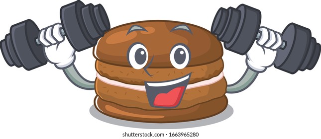 Sporty Fitness exercise chocolate macaron mascot design using barbells
