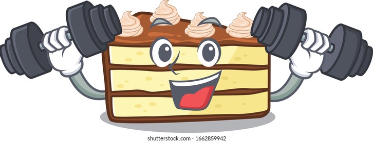 Sporty Fitness exercise chocolate slice cake mascot design using barbells