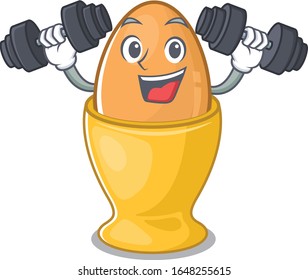 Sporty Fitness exercise egg cup mascot design using barbells