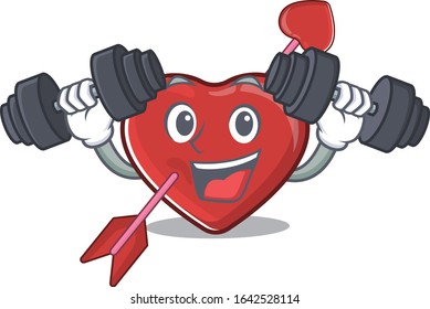 Sporty Fitness exercise heart and arrow mascot design using barbells
