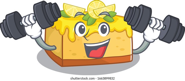 Sporty Fitness exercise lemon cheesecake mascot design using barbells