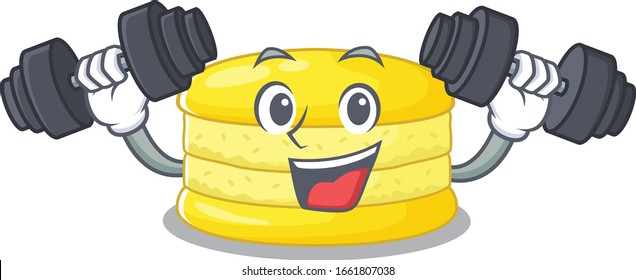 Sporty Fitness exercise lemon macaron mascot design using barbells