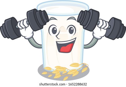 Sporty Fitness exercise oats milk mascot design using barbells