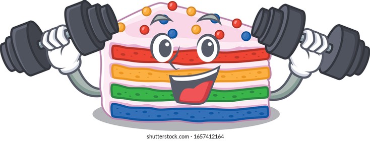 Sporty Fitness exercise rainbow cake mascot design using barbells