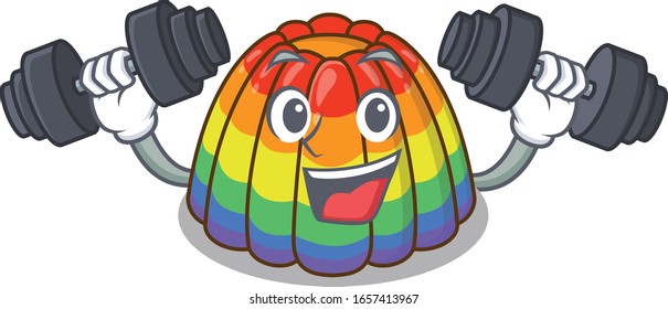 Sporty Fitness exercise rainbow jelly mascot design using barbells