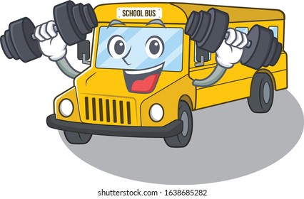 Sporty Fitness exercise school bus mascot design using barbells