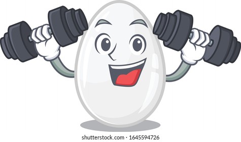 Sporty Fitness exercise white egg mascot design using barbells