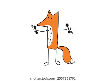 Sporty fox. Cute animal doing sports. Fox athlete, training, exercises with dumbbells. Sport equipment. Simple linear icon on white isolated background.