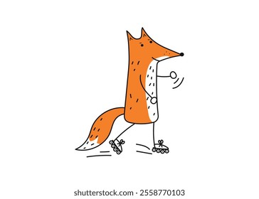 Sporty fox. Cute animal doing sports. Fox athlete, training, roller skating. Simple linear icon on white isolated background.