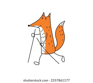 Sporty fox. Nordic walking. Cute animal doing sports. Fox athlete, training, walking. Simple linear icon on white isolated background.