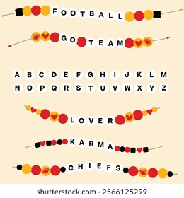 Sporty friendship bracelets. Alphabet to create football themed best friend bracelet. Illustration for sports team for football sunday or brunch. Hosting vector asset