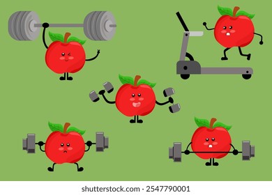 Conjunto de frutas deportivas. Manzana de dibujos animados haciendo yoga, correr y levantar peso en el gimnasio. Ilustraciones vectoriales planas para comida saludable, bienestar, concepto de estilo de vida