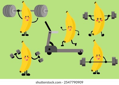 Conjunto de frutas deportivas. Plátano de dibujos animados haciendo yoga, corriendo y levantando peso en el gimnasio. Ilustraciones vectoriales planas para comida saludable, bienestar, concepto de estilo de vida