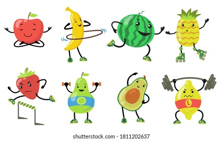 Sporty fruits set. Cartoon pear, apple, avocado, strawberry doing yoga, running and lifting weight in gym. Flat vector illustrations for healthy food, wellness, lifestyle concept