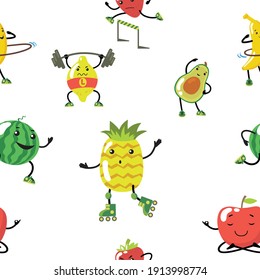 Sporty fruits set. Cartoon pear, apple, avocado, strawberry doing yoga, running, and lifting weight in the gym. Flat vector illustrations for healthy food, wellness, lifestyle concept