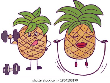 sporty and funny pineapples exercise. Pineapple with dumbbells shows its strength in front of a girl who is jumping rope.