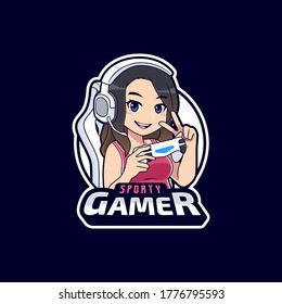 Sporty gamer, streamer girl holding console.  Esport logo mascot