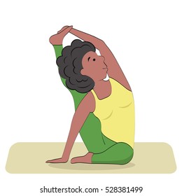 Sporty girl does fitness practice stretches. yoga asana parivritta kraunchasana or heron Pose