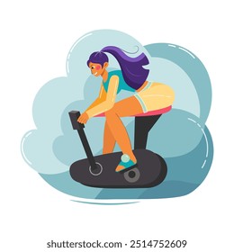 Chica deportiva haciendo ejercicio cardiovascular en bicicleta estática. Mujer joven intencionada vestida con ropa deportiva montando bicicleta estática, haciendo ejercicio. Ilustración vectorial plana.