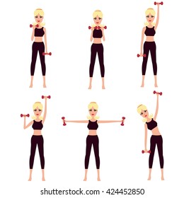 Sporty girl doing complex of workouts with dumbbells. Woman exercising with dumbbells vector illustration. Vector set of women doing sports.